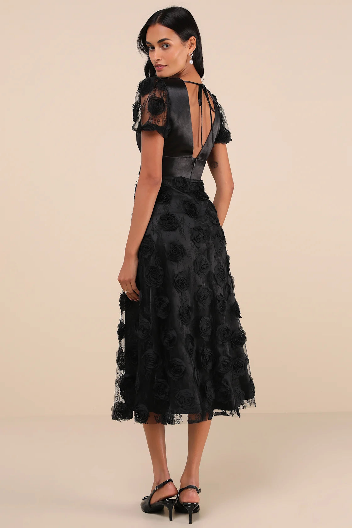 Gorgeous Elevation White Lace Rosette Puff Sleeve Midi Dress