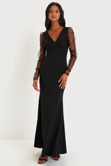 Red Carpet Energy Black Tulle Long Sleeve Mermaid Maxi Dress