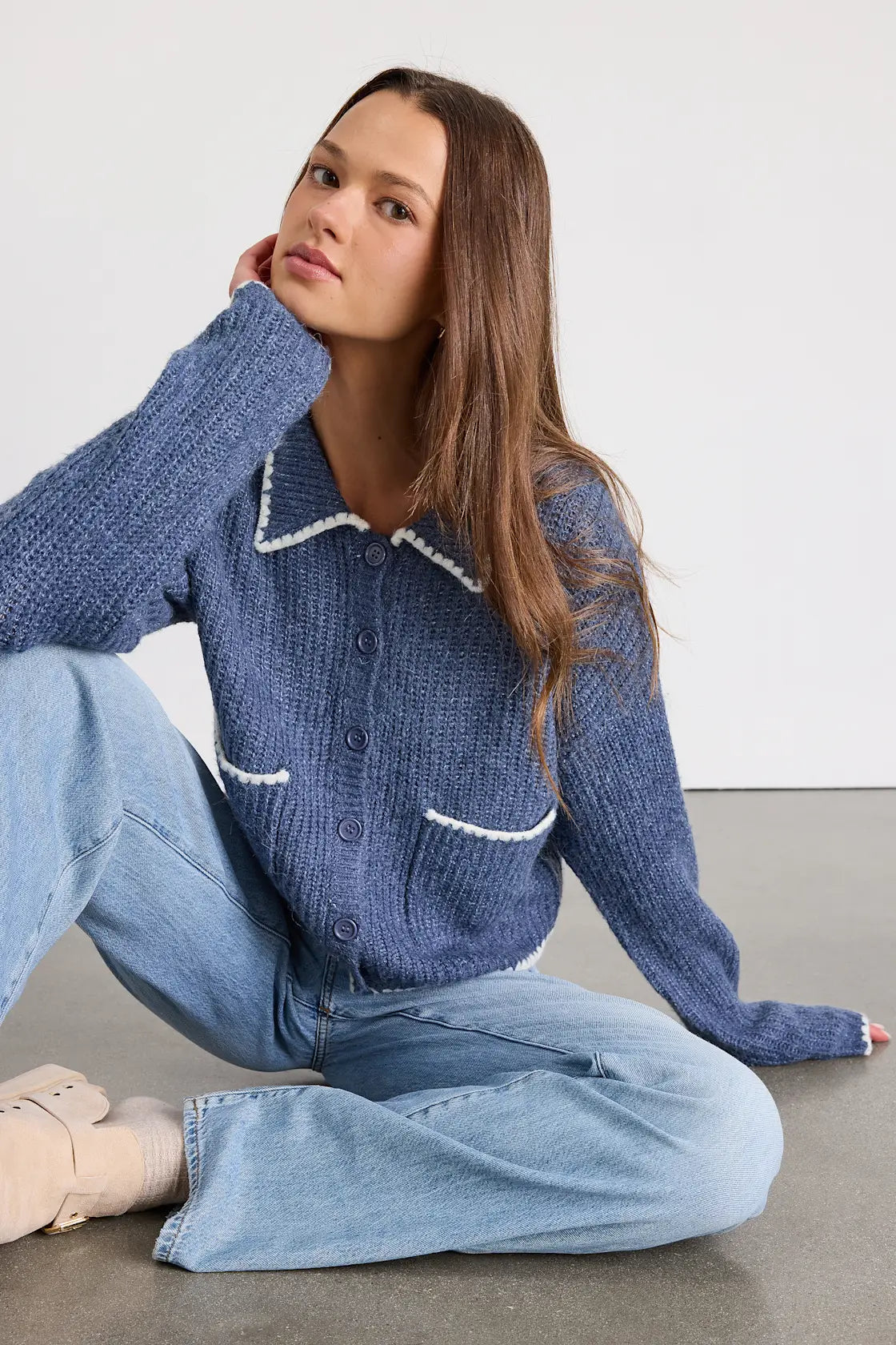 Marsia Dusty Blue Marled Whipstitched Cardigan Sweater