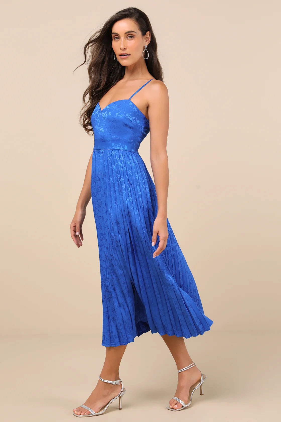 Regal Romance Black Floral Jacquard Pleated Satin Midi Dress