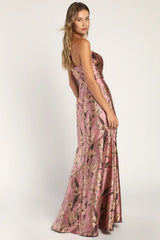 Gowning Around Mauve Floral Jacquard Strapless Maxi Dress