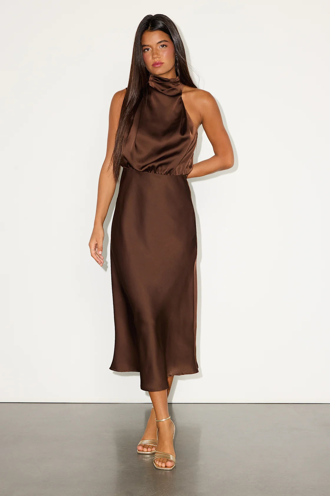 Distinctive Brown Satin Asymmetrical Midi Dress