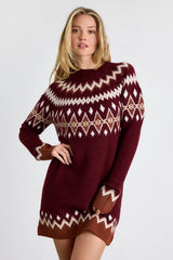 Becklynn Burgundy Fair Isle Sweater Mini Dress