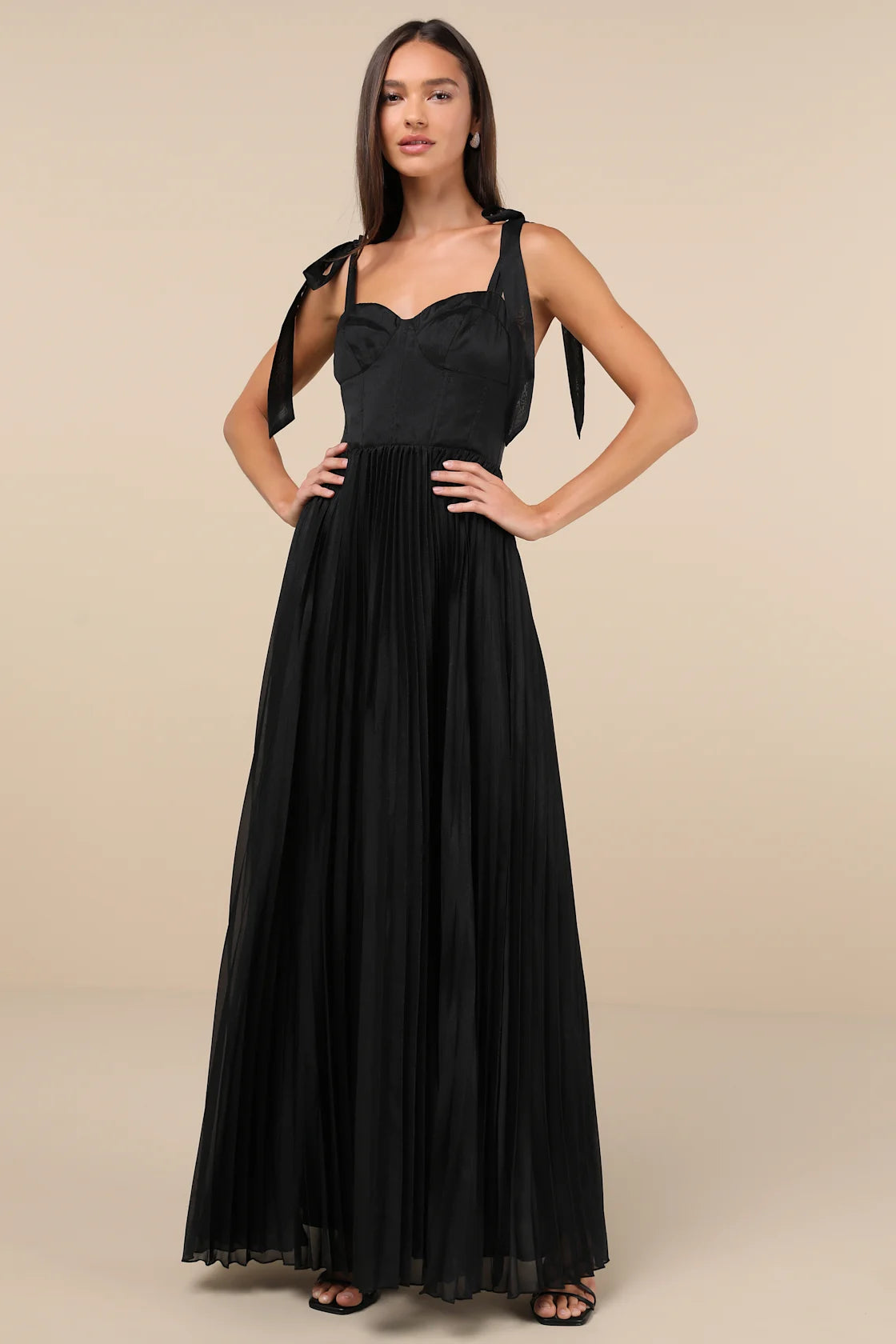 Attentive Elegance Black Tie-Strap Bustier Pleated Maxi Dress