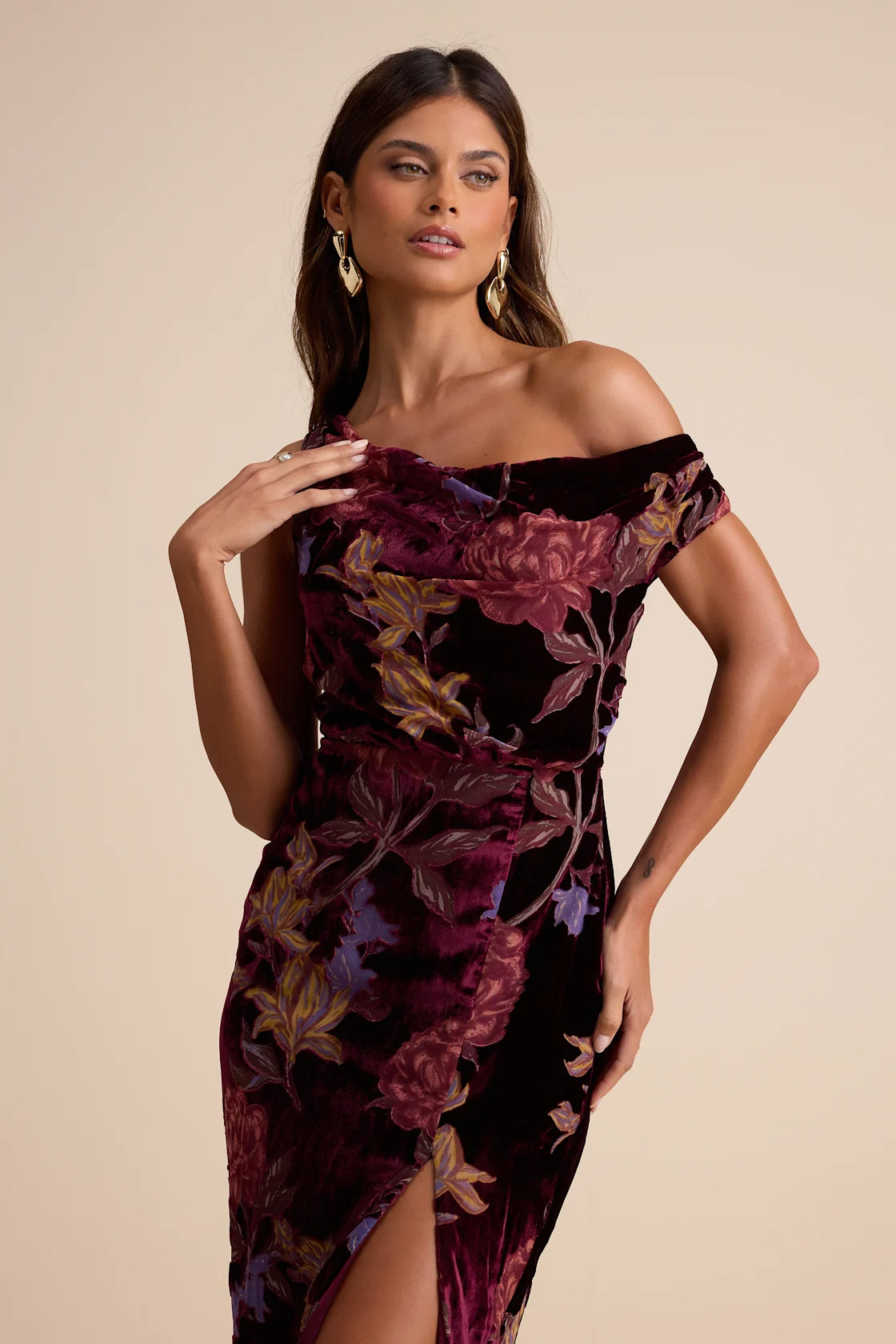 Marnella Burgundy Floral Velvet Burnout Asymmetrical Maxi Dress