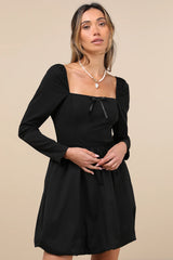 Darling Picture Black Bow Long Sleeve Bubble-Hem Mini Dress