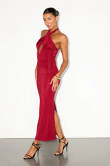 Tailynn Dark Brown Slinky Knit Cross-Front Maxi Dress