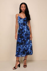 Beautiful Persona Blue Floral Chiffon Cowl A-Line Midi Dress