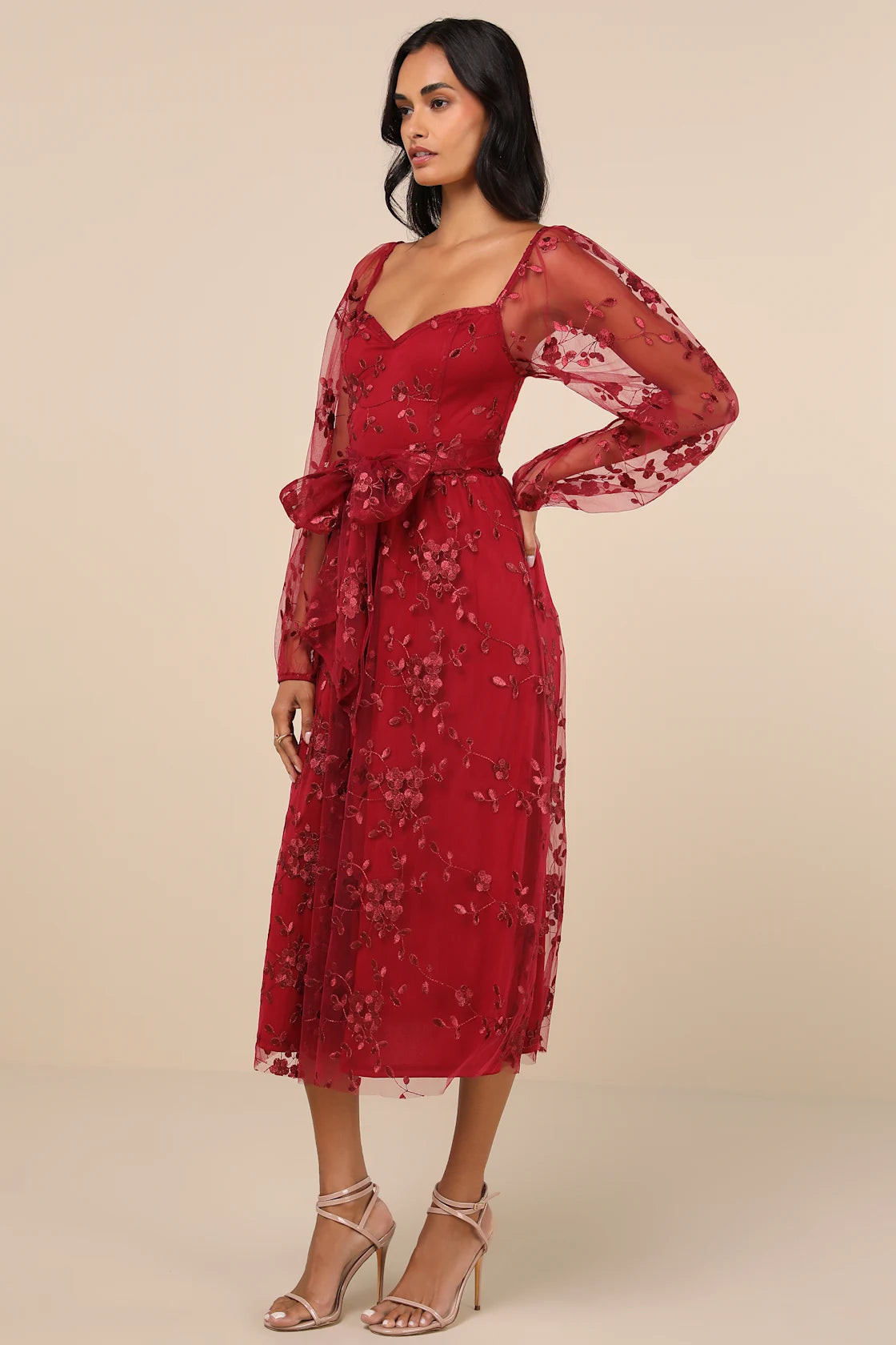 Darling Charisma Wine Red Mesh Embroidered Midi Dress