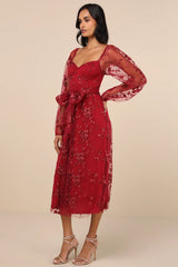 Darling Charisma Wine Red Mesh Embroidered Midi Dress
