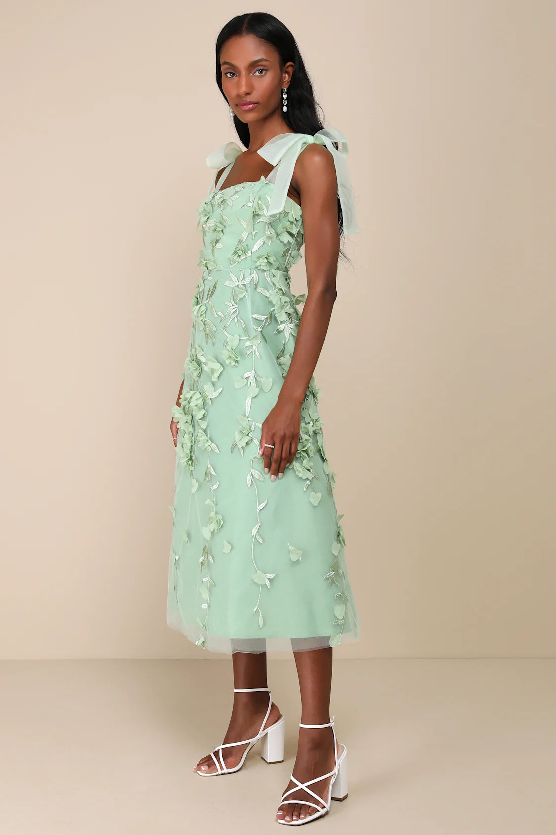 Effortlessly Sweet Blush Tulle 3D Floral Tie-Strap Midi Dress