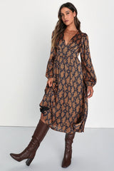 Graceful Impression Black and Orange Floral Print Midi Dress