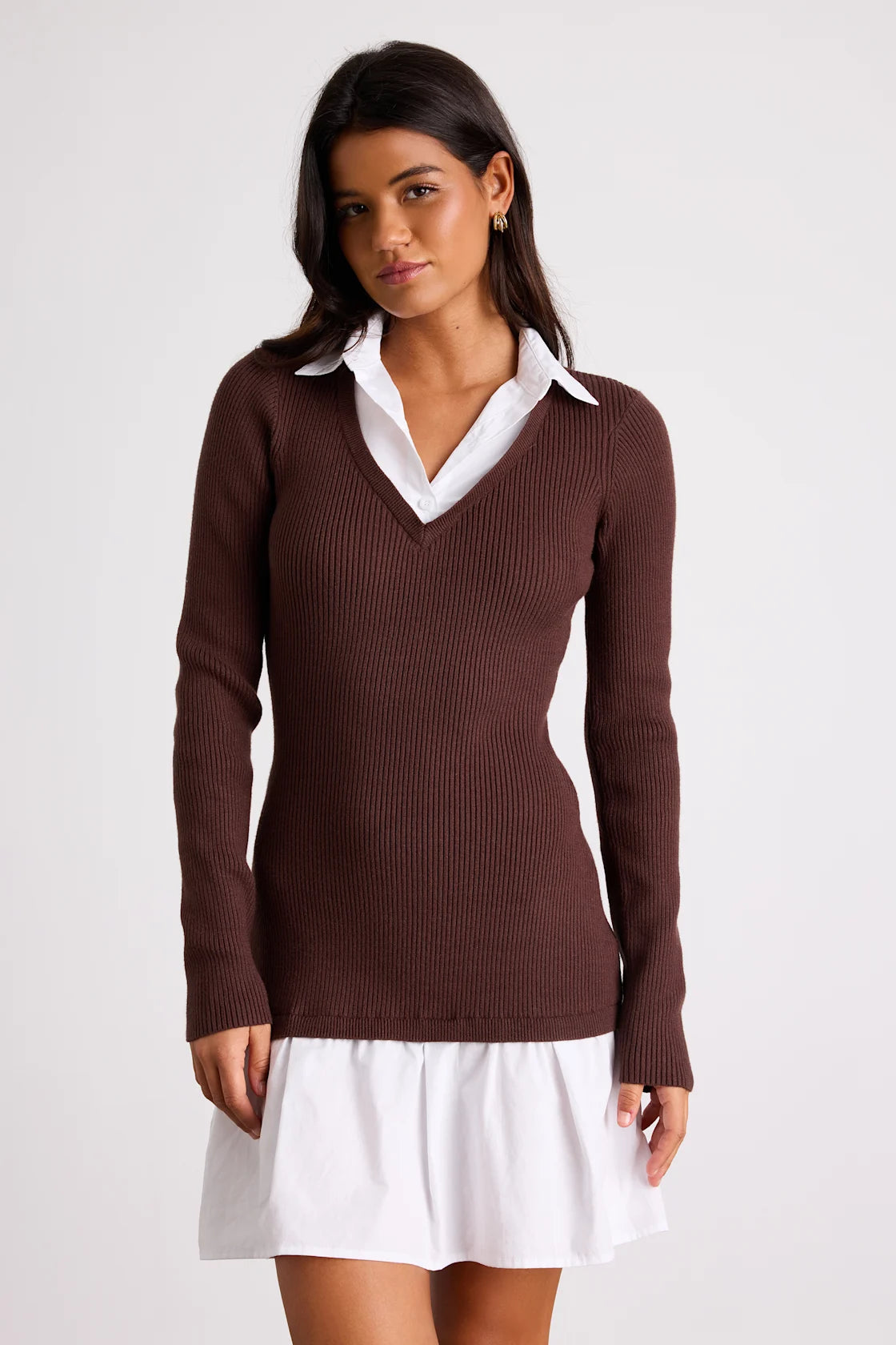 Helenia Brown and White Mixed-Media Long Sleeve Mini Dress