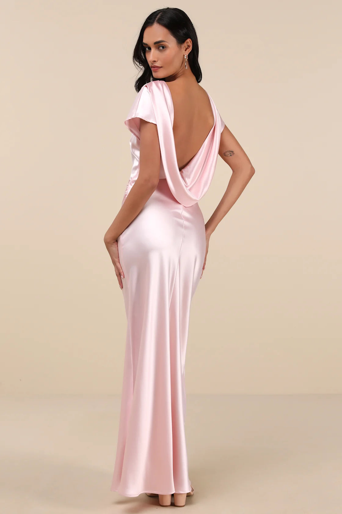Captivating Presence Blush Pink Satin Cowl Back Maxi Dress