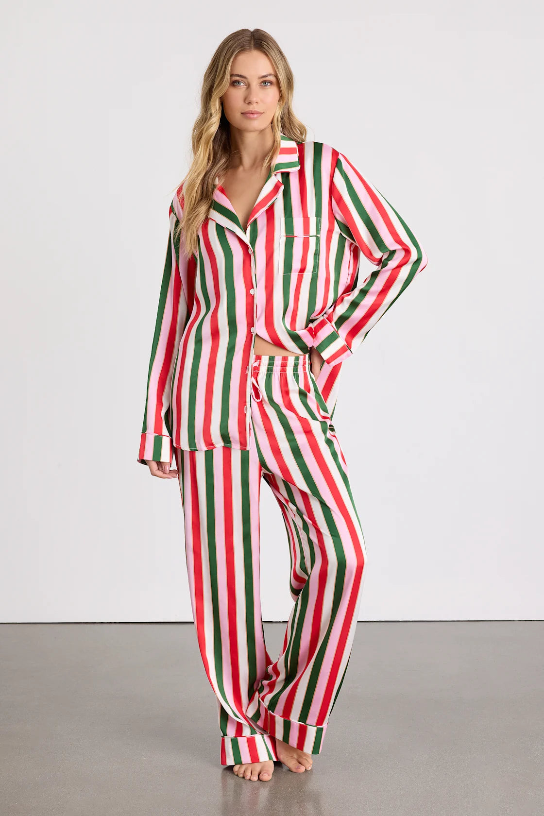 Classic White Multi Jolly Stripes Satin Two-Piece Pajama Set