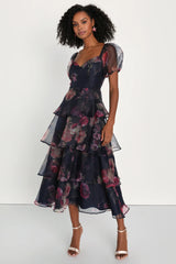 Oh-So Stunning Purple Floral Organza Tiered Midi Dress