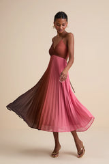 Belisse Rust Ombre Pleated Lace-Up Midi Dress