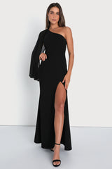 Majestic Attitude White Cape Sleeve One-Shoulder Maxi Dress
