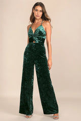 Dreams of Disco Emerald Green Velvet Lace-Up Jumpsuit