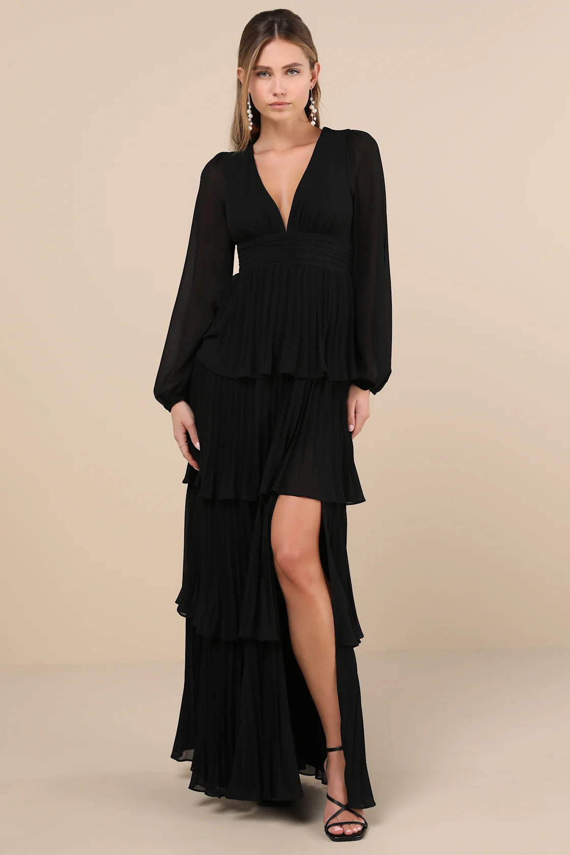 Graceful Finesse Navy Blue Pleated Long Sleeve Maxi Dress