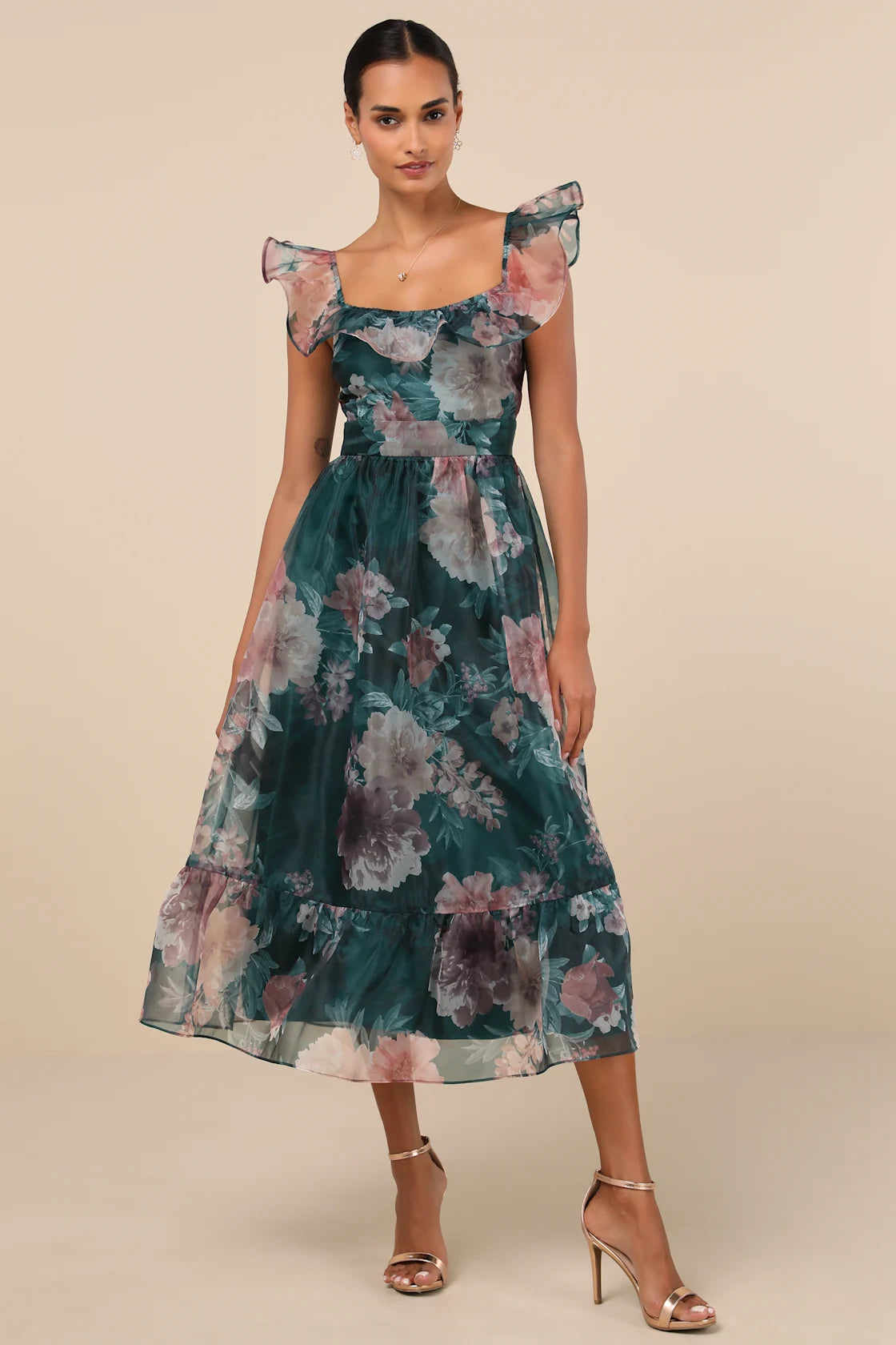 Sweet Composure Plum Floral Organza Off-the-Shoulder Midi Dress