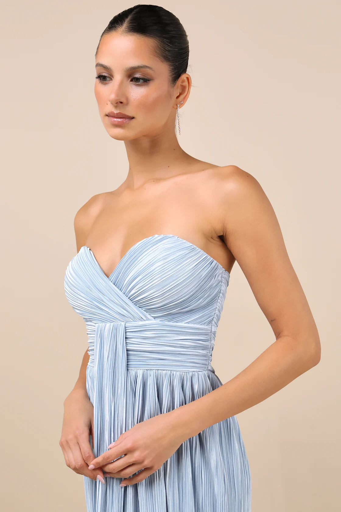 Oswin Navy Satin Plisse Strapless Maxi Dress