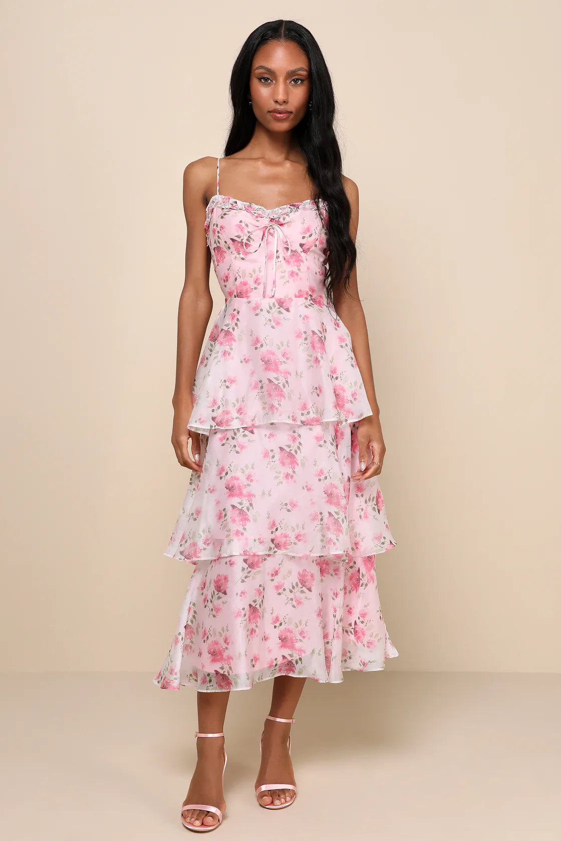 Immaculate Cutie Light Pink Floral Sleeveless Tiered Midi Dress