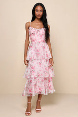 Immaculate Cutie Light Pink Floral Sleeveless Tiered Midi Dress