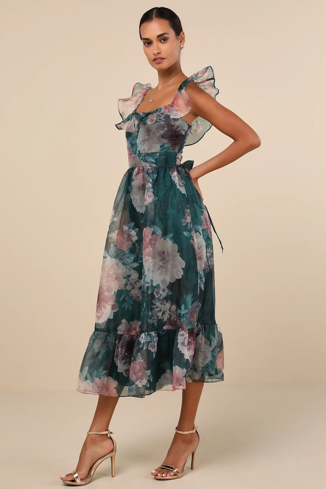 Sweet Composure Plum Floral Organza Off-the-Shoulder Midi Dress