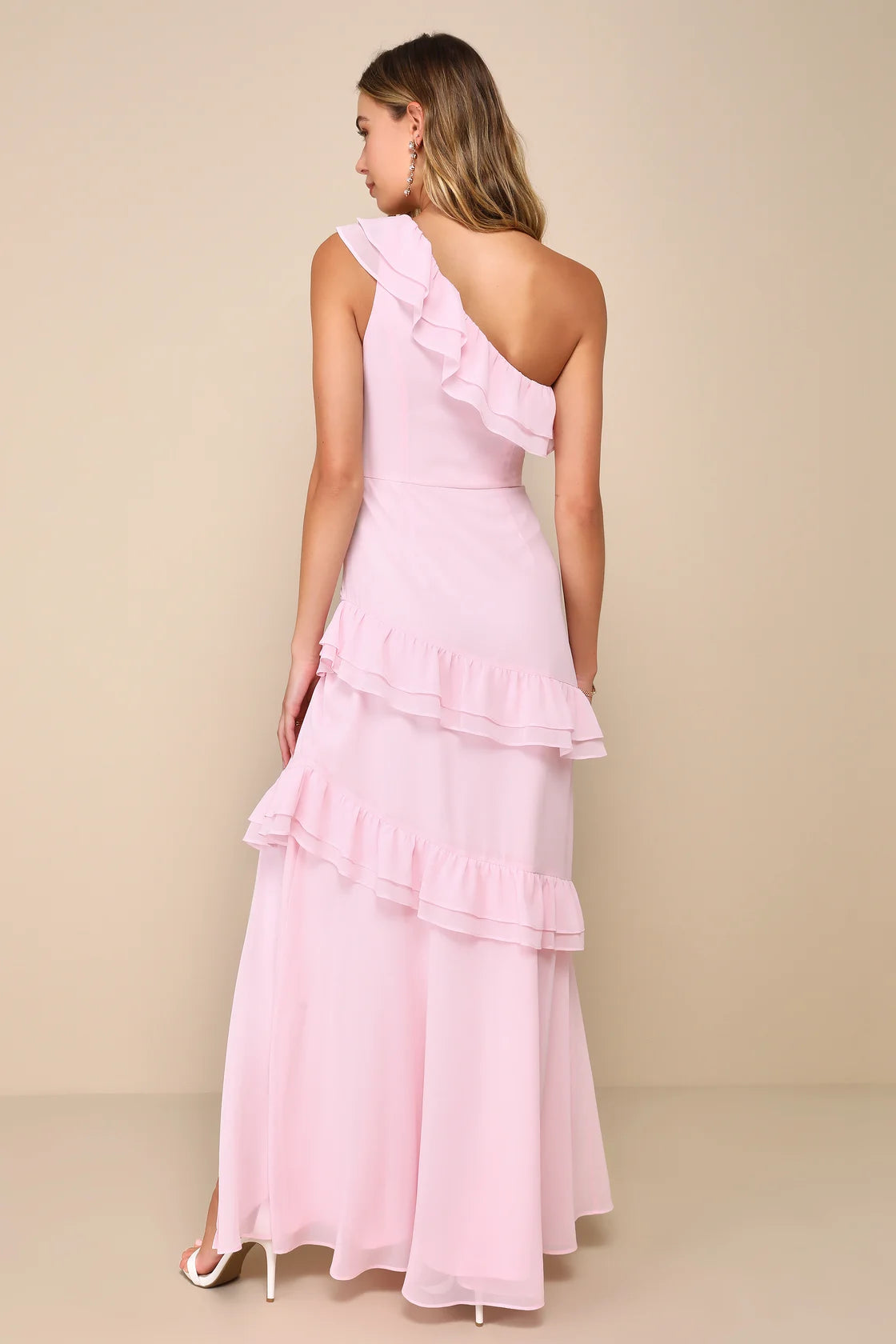 Brilliant Grace Light Pink Ruffled One-Shoulder Maxi Dress