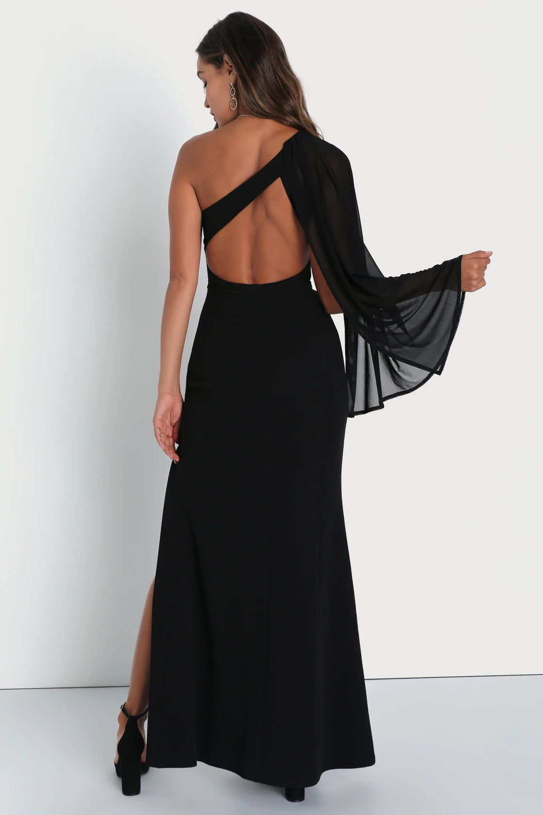 Majestic Attitude White Cape Sleeve One-Shoulder Maxi Dress