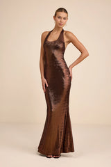 Airla Shiny Bronze Slinky Knit Halter Maxi Dress