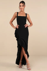 Immaculate Excellence Black Sleeveless Ruffled Tulip Maxi Dress