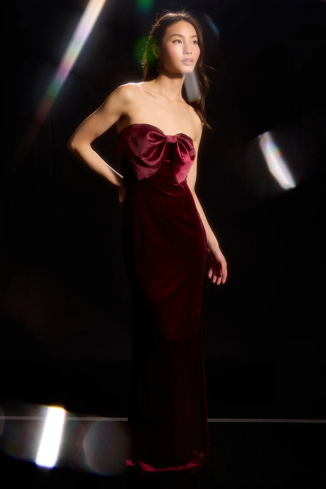 Dramatic Stunner Black Velvet Bow Strapless Maxi Dress