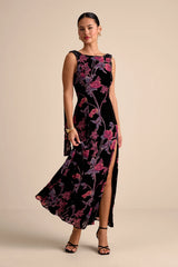 Liora Dark Teal Velvet Boat Neck Sash Maxi Dress