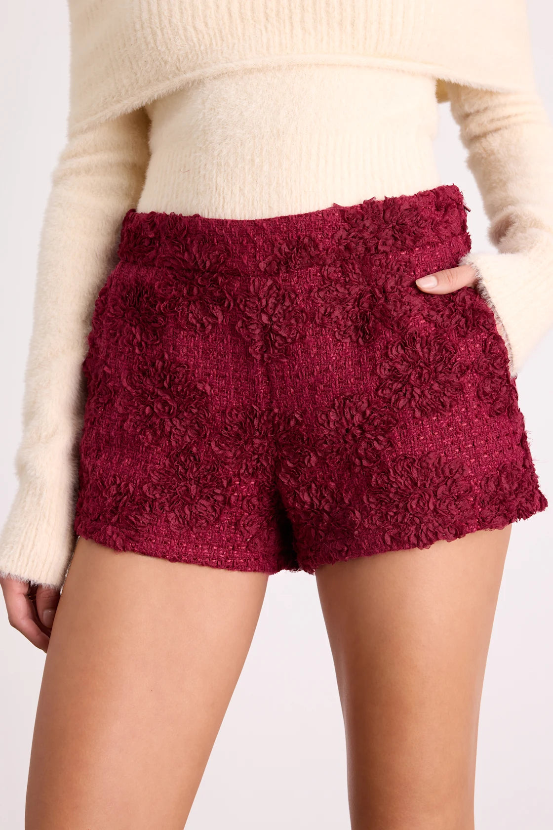 Mulvaney Burgundy Tweed Textured Micro Shorts