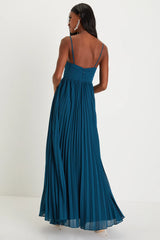 Sensational Charmer Teal Blue Pleated Sleeveless Maxi Dress