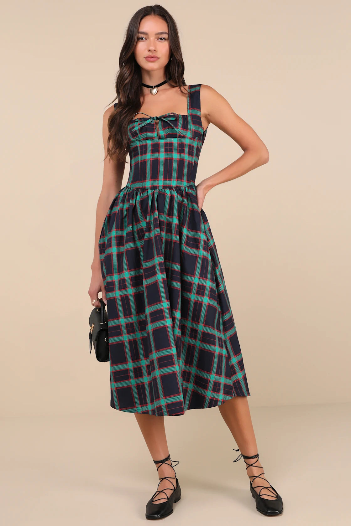 Dola Black Multi Plaid Sleeveless Bustier Midi Dress
