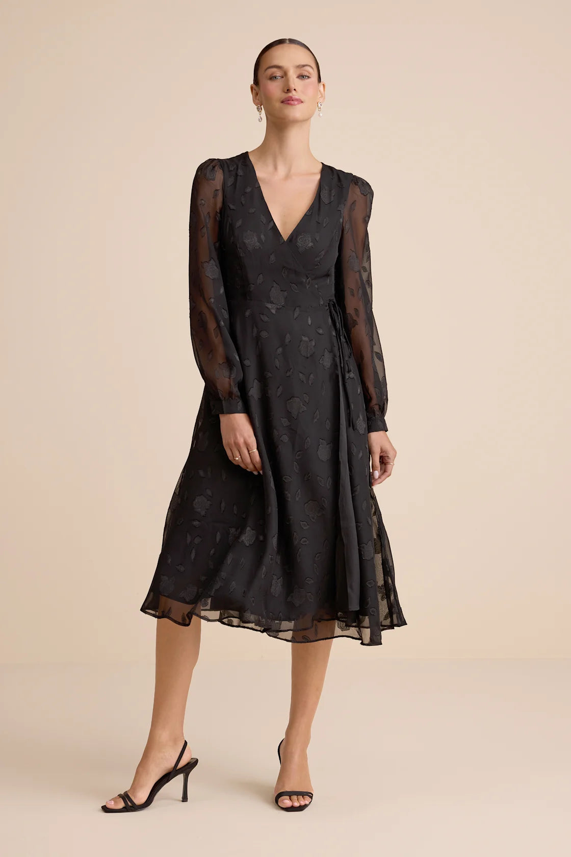 Evening of Elegance Black Floral Jacquard Wrap Midi Dress