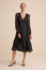 Evening of Elegance Black Floral Jacquard Wrap Midi Dress
