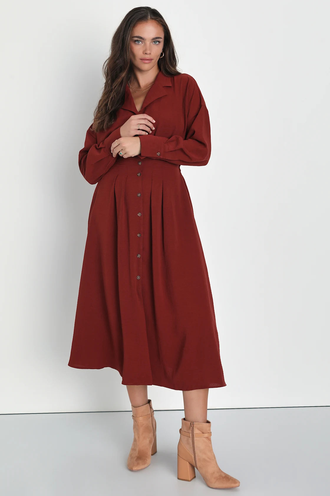Timeless Class Rust Collared Button-Up Pleated Midi Dress