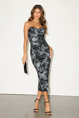 Armali Grey Abstract Floral Strapless Midi Dress
