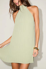 Gretchen Sage Pleated Halter Backless Mini Dress