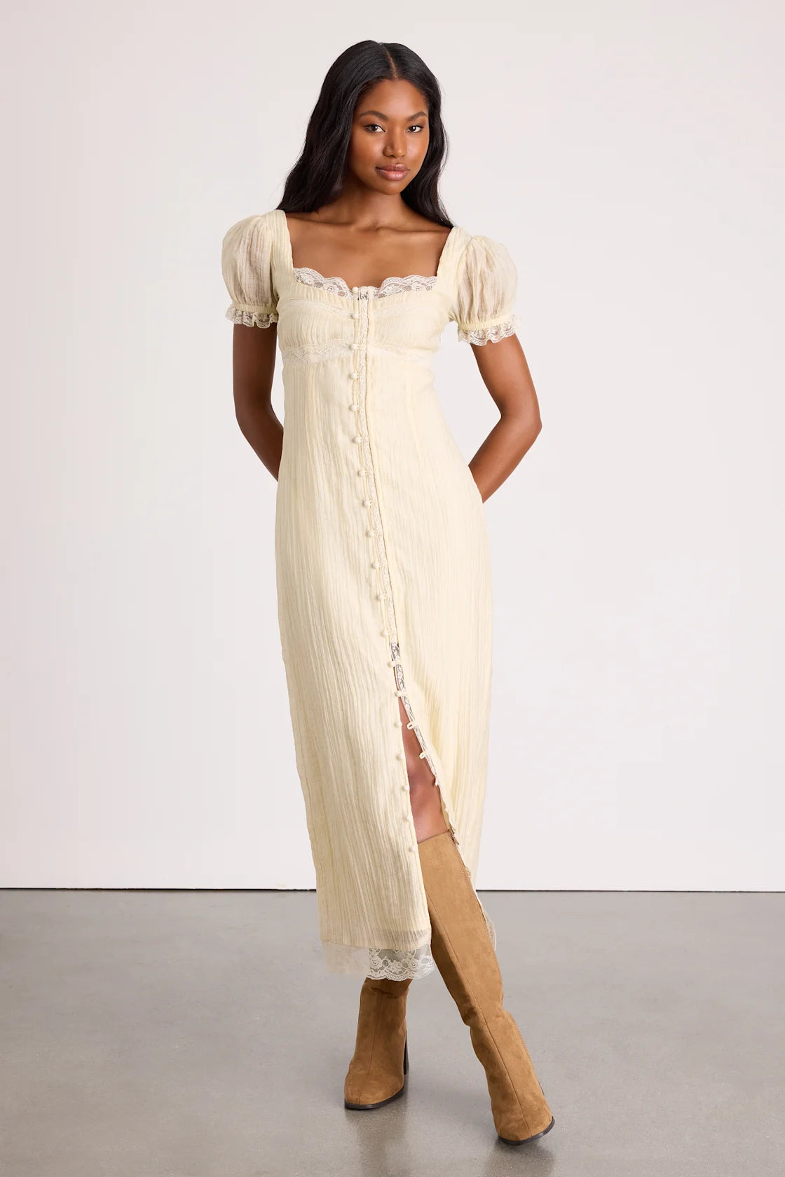 Crissa Cream Lace Textured Puff Sleeve Midi Dress