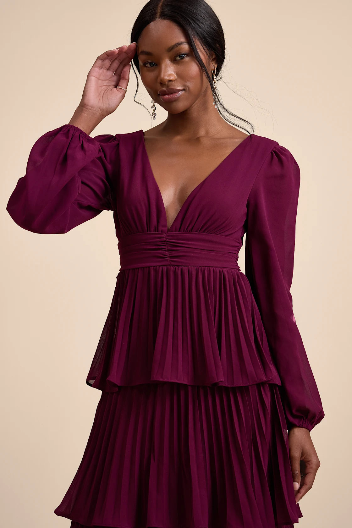 Graceful Finesse Navy Blue Pleated Long Sleeve Maxi Dress