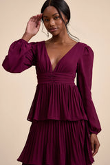 Graceful Finesse Navy Blue Pleated Long Sleeve Maxi Dress
