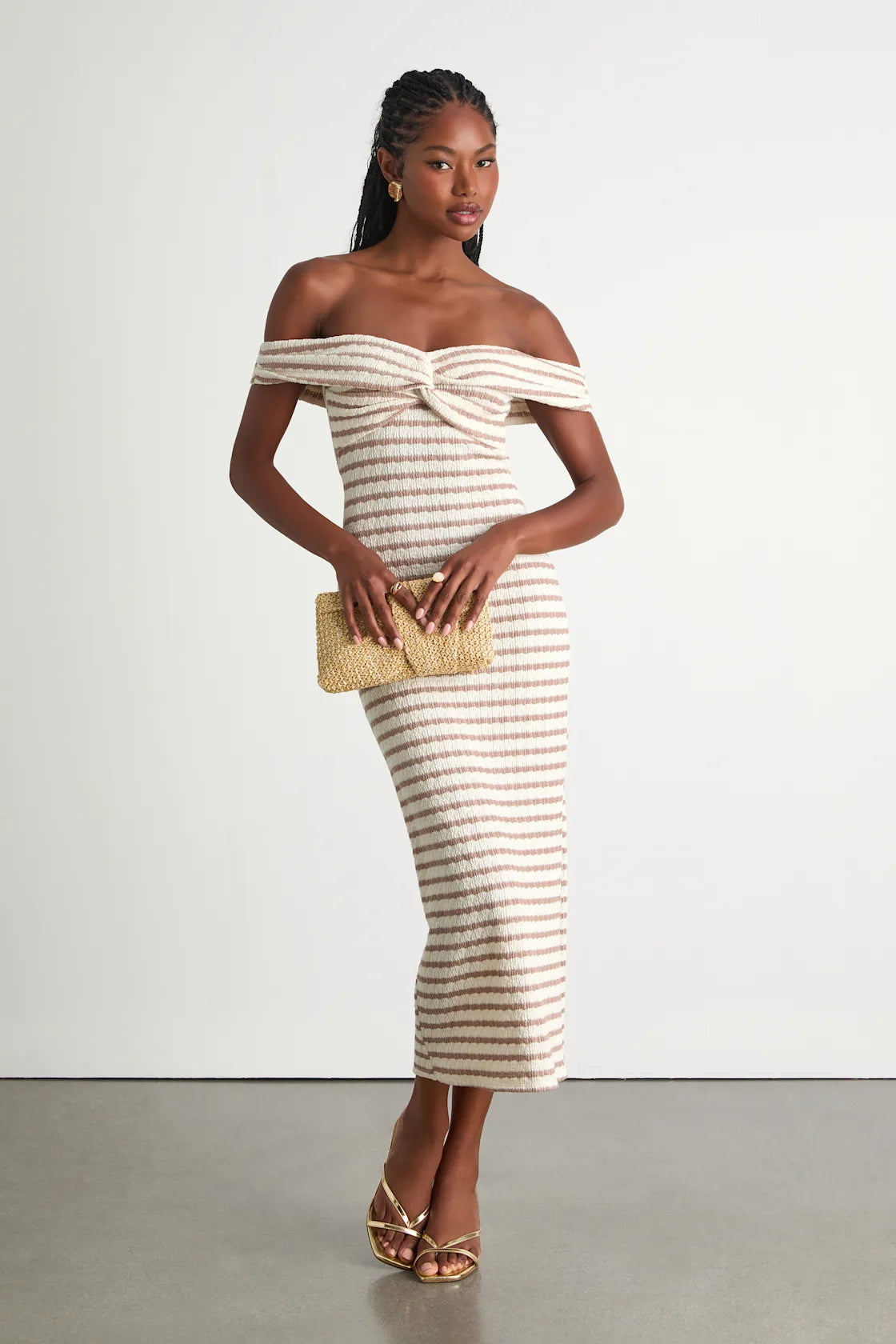Baia Ivory and Taupe Striped Off-the-Shoulder Midi Dress