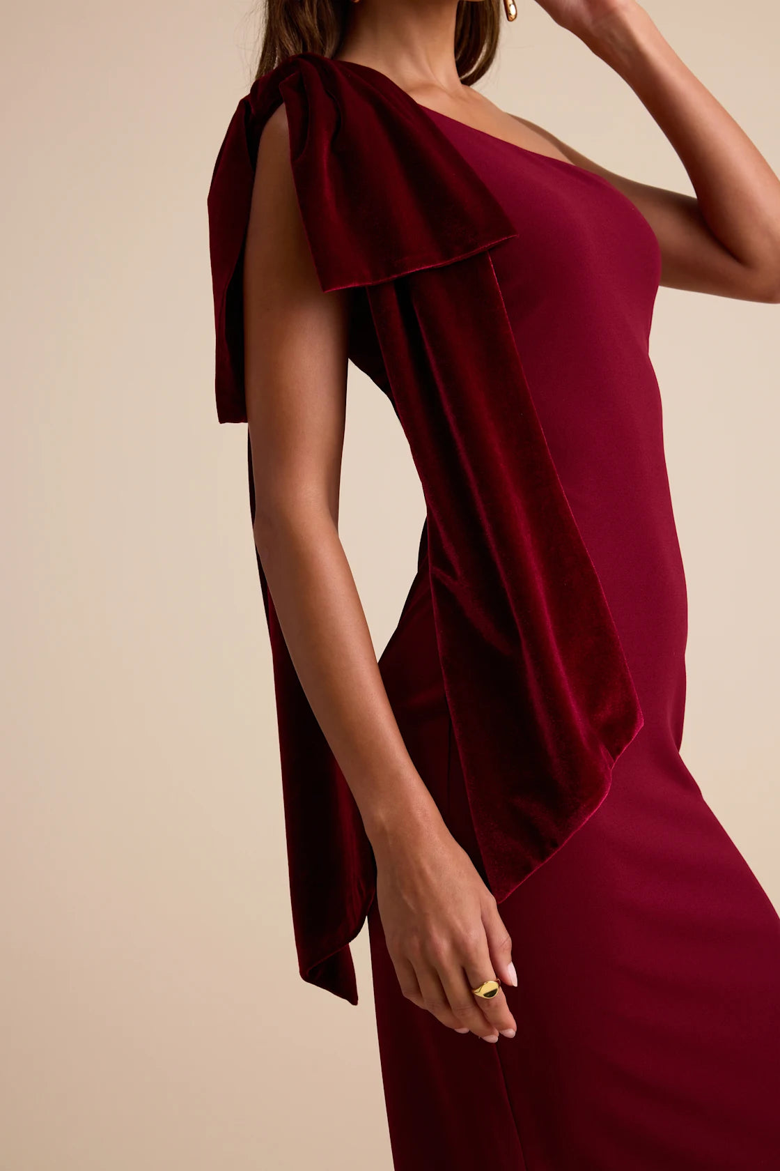 Amarila Burgundy One-Shoulder Velvet Bow Maxi Dress