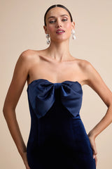 Dramatic Stunner Black Velvet Bow Strapless Maxi Dress
