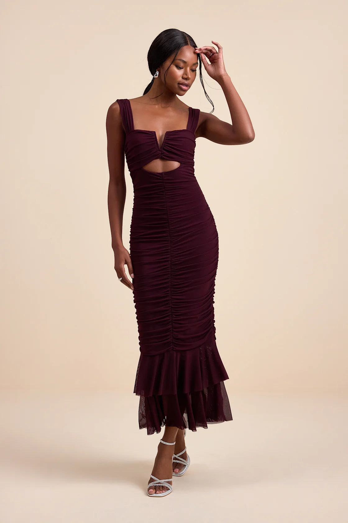 Aelara Olive Mesh Ruched Trumpet Midi Dress